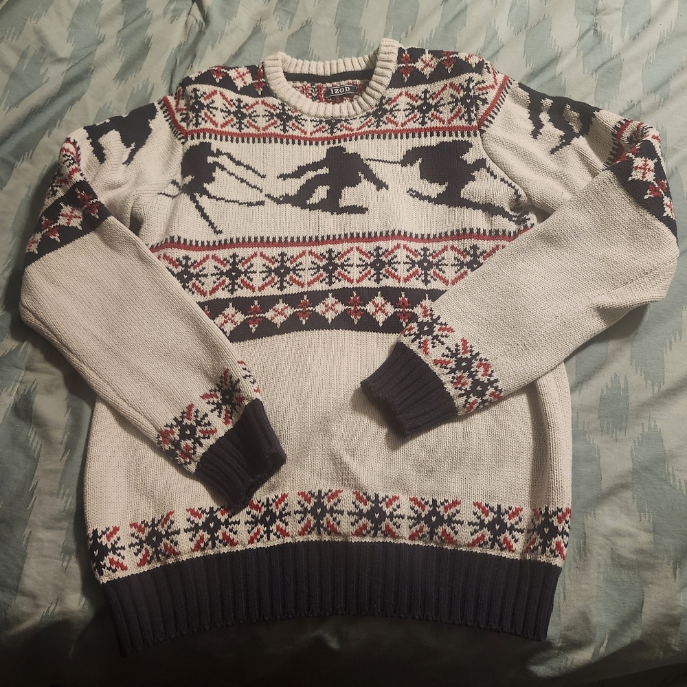VINTAGE IZOD SKI SWEATER, BLUE, RED, WHITE Men's Size Small